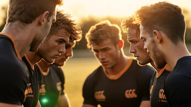 Athletic men in rugby jerseys strategize on a green field