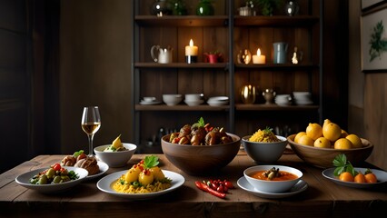 Gourmet Plated Meal on Rustic Wooden Table with Warm Lighting