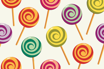 Seamless Pattern of Colorful Lollipops Candy with Swirls on Sticks, on Cream Background