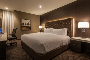 A modern bedroom with a large bed and lamps is shown