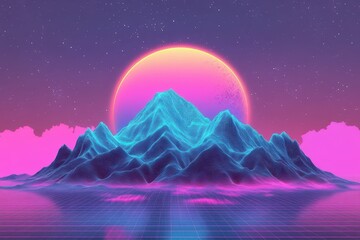 Fototapeta premium Abstract neon landscape featuring a large sun and futuristic mountains