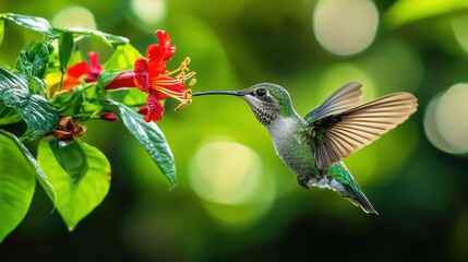 Fototapeta premium a beautiful hummingbird and red flowers 