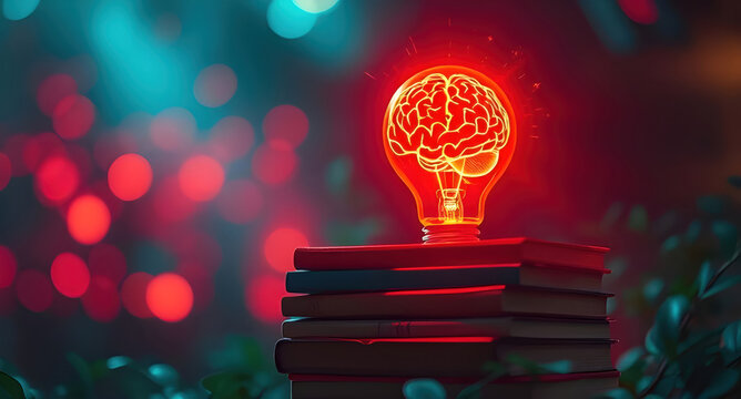 Glowing light bulb, neon brain inside, fiery energy, stack of books
