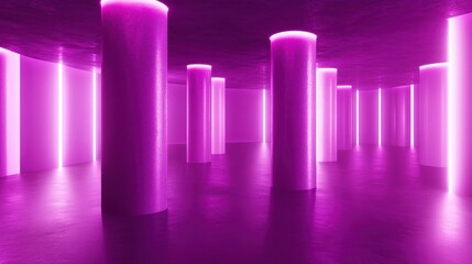 A modern architectural interior space filled with neon pink illumination