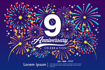 9th years anniversary celebration emblem. anniversary logo isolated with ribbon, sparkle, twinkle fireworks and stars. vector illustration template design for web, flyers, poster, greeting card	
