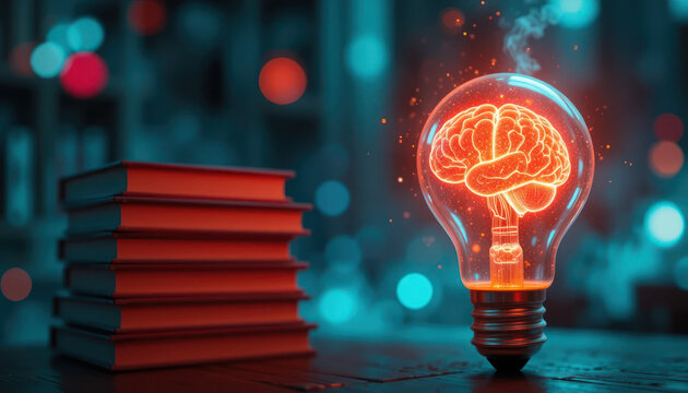 Glowing light bulb, neon brain inside, fiery energy, stack of books
