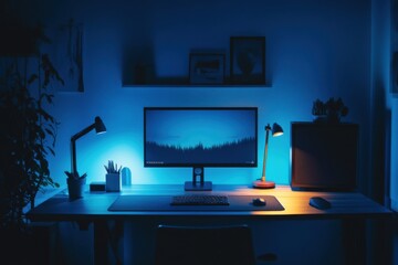 Futuristic minimalist desk setup with diffused lighting and copy space above