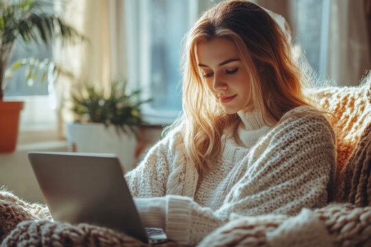 Woman on couch using laptop, surrounded by cushions and a coffee mug. Brightly lit room with plants in the background. Casual and relaxed setting.