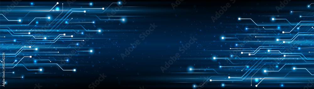 Poster Blue glowing lines with glitter light effect on dark background. High speed internet technology concept or fast wireless data transmission. modern internet network connection technology background	