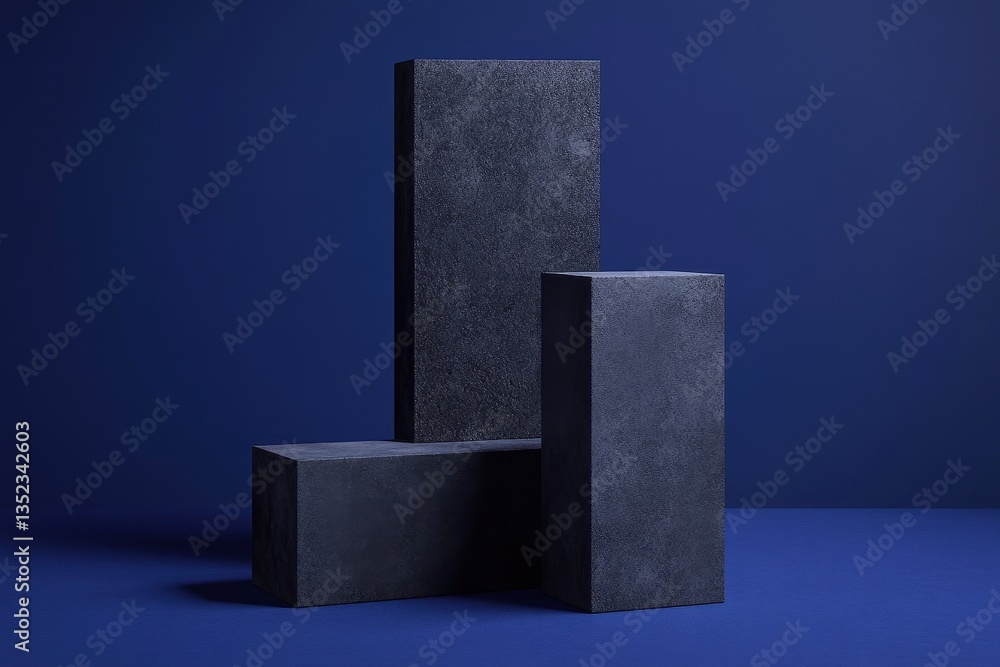 Aufkleber three dark gray rectangular structures are displayed against a blue backdrop