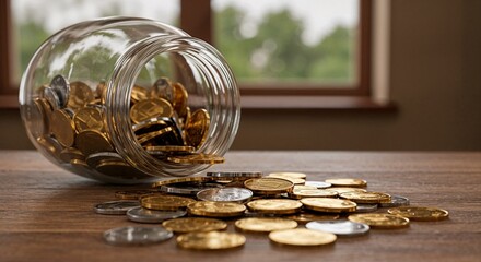 Glass jar with spilled coins near window for budget planning blogs, financial literacy education, savings strategy guides, personal finance websites, and money management resources