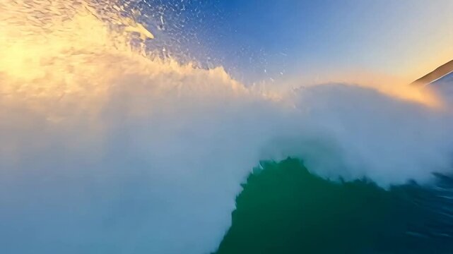 Aerial view of massive ocean wave crashing in golden light, ideal for dramatic, energy, surfing, climate, motion, water power, nature, ocean day, sport