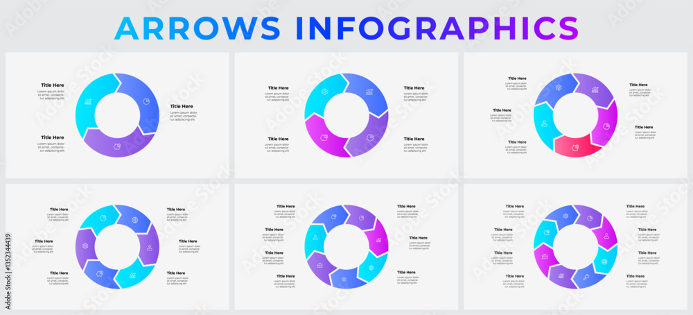 Poster Circular Arrow Infographics for Business Workflow and Data Visualization with 3, 4, 5, 6, 7 and 8 options, steps or processes