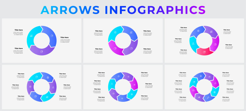 Circular Arrow Infographics for Business Workflow and Data Visualization with 3, 4, 5, 6, 7 and 8 options, steps or processes