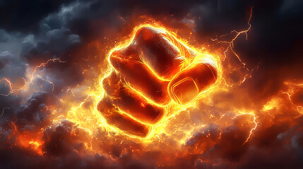 Glowing clenched fist surrounded by storm clouds, symbol of strength and power