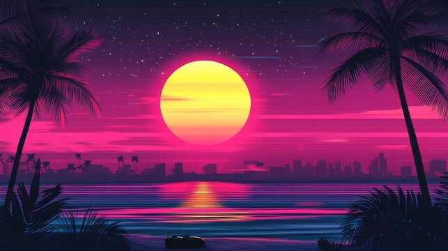 Retro 80s synth wave Miami landscape with neon sunset, futuristic sports car, and vibrant aesthetic color lines &ndash; nostalgic vaporwave digital art in cyberpunk style