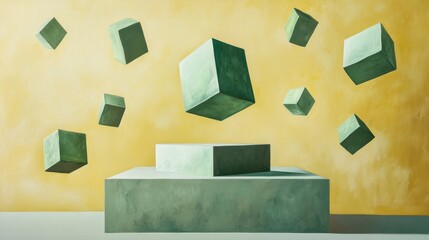 Abstract cubes on pastel yellow background, product display, modern art, minimalist display