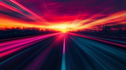 Obraz premium Retro 80s synth wave Miami landscape with neon sunset, futuristic sports car, and vibrant aesthetic color lines – nostalgic vaporwave digital art in cyberpunk style