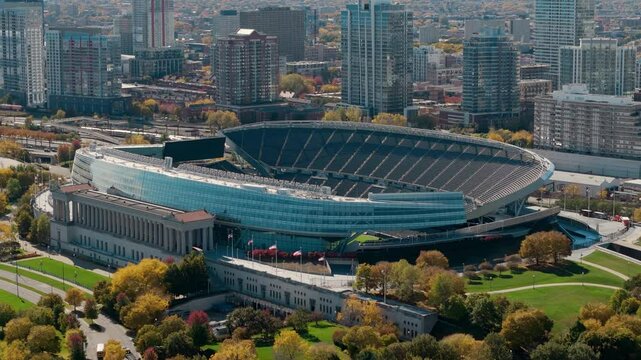 Aerial view of stadium in downtown Chicago during autumn.