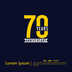 70th years anniversary celebration emblem. anniversary logo isolated with white ribbon on dark blue background. vector illustration template design for web, flyers, poster, greeting card	