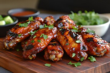 Grilled chicken wings seasoned with barbecue sauce and garnished with fresh parsley, resting on a wooden cutting board