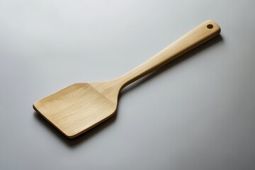 A single wooden spatula lies on a light grey surface