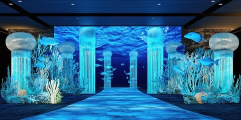 An underwater themed stage set with illuminated aquatic elements