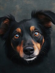 Fototapeta premium Cute Dog Looking Up with Brown Eyes and Black Fur Portrait