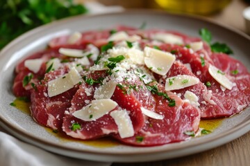 Delicious beef carpaccio appetizer seasoned with parmesan flakes, chopped parsley and olive oil