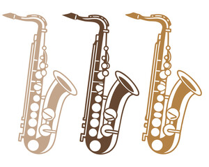Naklejka premium Three Saxophone Silhouettes in Varied Brown Tones on White Background