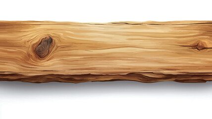 High-angle, close-up view of a rectangular piece of wood. The plank exhibits a light to medium brown hue with visible wood grain, knots, and a rough, uneven edge. The wood appears to be naturally