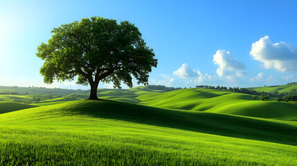Obraz premium Lone Tree with Rolling Green Hills Under a Bright Sunny Sky