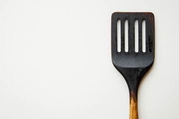 A wooden kitchen spatula with slots against a white backdrop