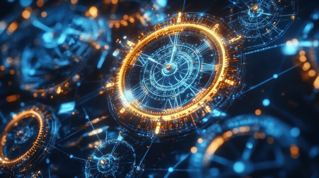 Futuristic glowing abstract timekeeping devices display interconnected digital networks