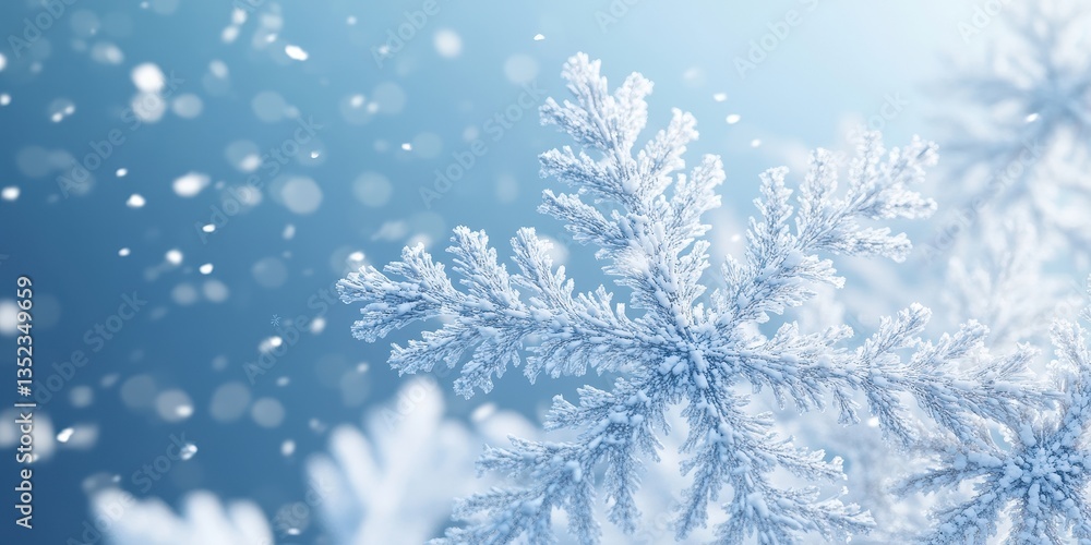 Poster close up of a snowflake with blurred snow particles falling