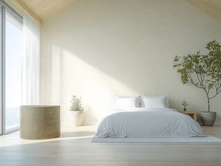 Bright and serene bedroom with natural light and minimalistic decor by the sea