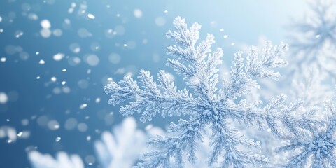 Close up of a snowflake with blurred snow particles falling