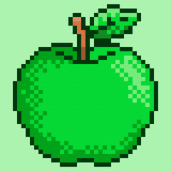 Obraz premium Vibrant pixel art green apple illustration features a classic 8-bit design, perfect for adding a retro and vintage touch