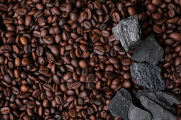 Coffee beans and charcoal, natural production concept
