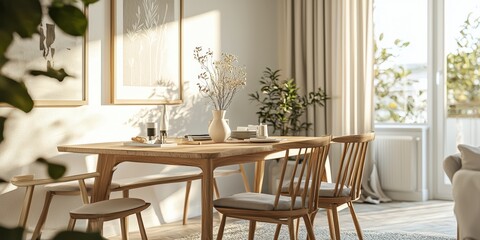 a cozy dining room with a wooden table, wooden chairs, and a vase with white flowers 