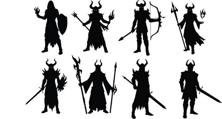 Collection set of Silhouette of various fantasy warriors with weapons and armor