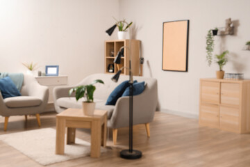 Blurred view of light living room with grey sofa, table and plants