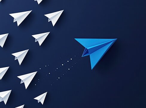 Blue paper airplane leading a group of white paper airplanes