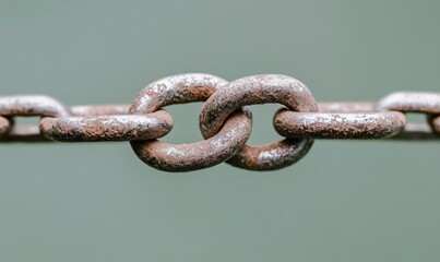 Fototapeta premium Close-up of Weathered Metal Chain Links Showing Rust and Wear Against a Soft Focus Background for Themes of Strength, Connection, and Resilience