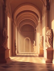 Naklejka premium Elegant Museum Hallway with Marble Statues and Arched Architecture