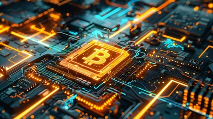 The Bitcoin heart beating at the core of digital finance, glowing with vibrant orange and teal energy on a complex circuit board.