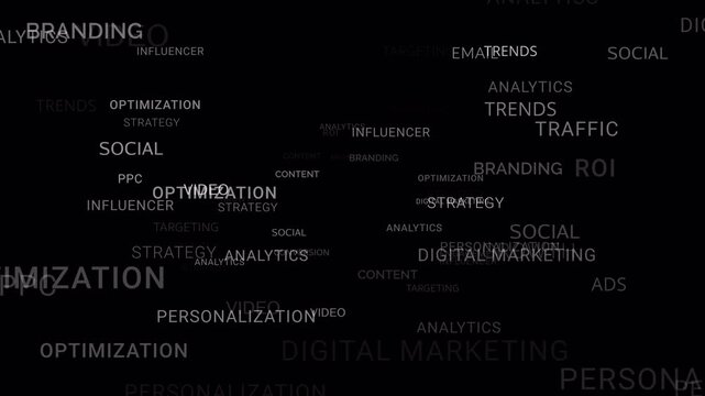 Digital Marketing text words fly zoom in loop seamless animation PNG Alpha