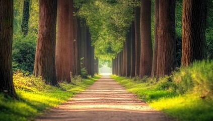 Sunlight-dappled path through a verdant tree lined avenue. Lush greenery, tall trees, and a pathway