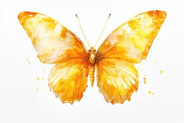 Fototapeta premium Golden butterfly watercolor painting, white background, nature design, card template.
