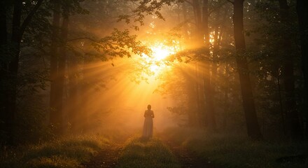 Mystical figure in glowing golden forest light - great for storytelling, inspirational blogs, book covers, spiritual websites, atmospheric designs, and personal growth materials